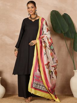 InWeave - Black Long Sleeve D48 Kurta with Palazzo and Dupatta (Set of 3)