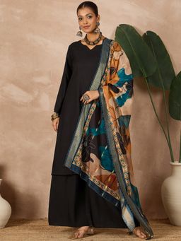 InWeave - Black Long Sleeve D50 Kurta with Palazzo and Dupatta (Set of 3)