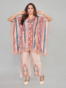 Amchoor - Peach Cotton Geometric Print Kaftan with Pant (Set of 2)