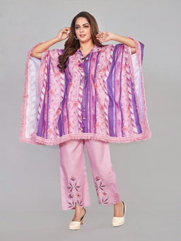 Amchoor - Purple Cotton Floral Print Kaftan with Pant (Set of 2)