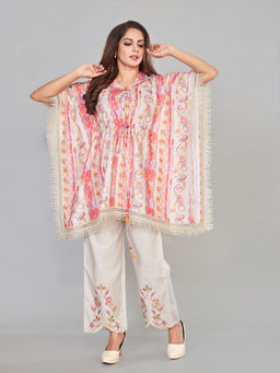 Amchoor - Cream Cotton Floral Print Kaftan with Pant (Set of 2)