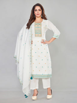 Amchoor - Cream Cotton Floral Print Kurta with Pant & Dupatta (Set of 3)