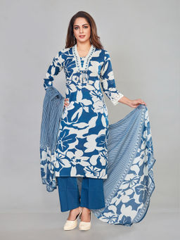 Amchoor - Blue Cotton Floral Print Kurta with Pant & Dupatta (Set of 3)