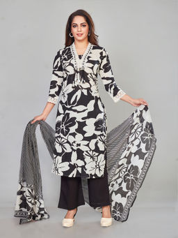 Amchoor - Black Cotton Floral Print Kurta with Pant & Dupatta (Set of 3)