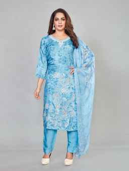 Amchoor - Blue Muslin Floral Print Kurta with Pant & Dupatta (Set of 3)