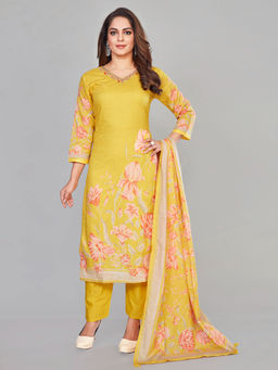 Amchoor - Yellow Cotton Floral Print Kurta with Pant & Dupatta (Set of 3)