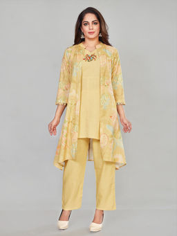Amchoor - Yellow Cotton Floral Print Indo Fusion Co-Ord (Set of 3)