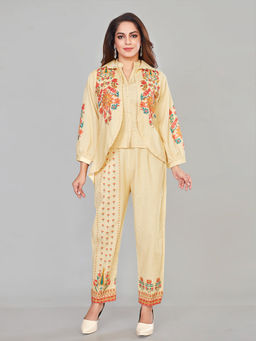 Amchoor - Yellow Cotton Floral Print Indo Fusion Co-Ord (Set of 3)