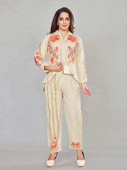 Amchoor - Cream Cotton Floral Print Indo Fusion Co-Ord (Set of 3)