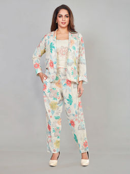 Amchoor - Cream Cotton Floral Print Indo Fusion Co-Ord (Set of 3)