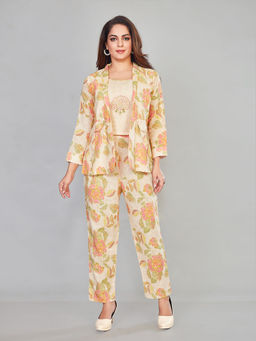 Amchoor - Beige Linen Floral Print Indo Fusion Co-Ord (Set of 3)