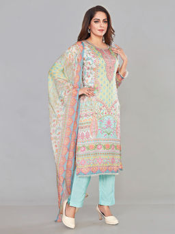 Amchoor - Aqua Organza Satin Floral Print Kurta with Pant & Dupatta (Set of 3)