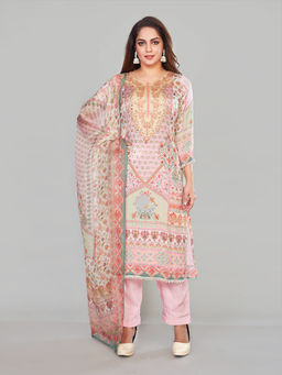Amchoor - Pink Organza Satin Floral Print Kurta with Pant & Dupatta (Set of 3)