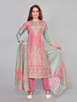 Amchoor - Pink Shimmer Crepe Floral Embroidery Print Kurta with Pant & Dupatta (Set of 3)