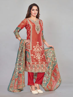 Amchoor - Rust Shimmer Crepe Floral Embroidery Print Kurta with Pant & Dupatta (Set of 3)