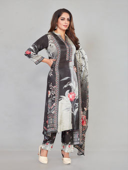 Amchoor - Black Silk Floral Print Kurta with Pant & Dupatta (Set of 3)