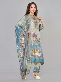 Amchoor - Green Silk Floral Print Kurta with Pant & Dupatta (Set of 3)