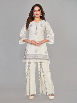 Amchoor - Cream Cotton Floral Print Kurta with Palazzo (Set of 2)