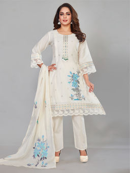 Amchoor - Cream Cotton Floral Print Kurta with Pant & Dupatta (Set of 3)