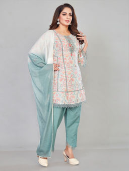 Amchoor - Grey Pure Jute Floral Print Kurta with Pant & Dupatta (Set of 3)