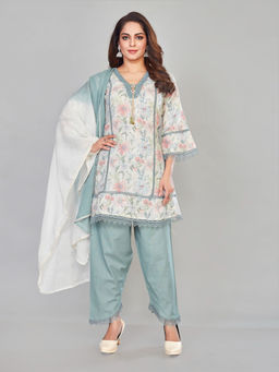 Amchoor - Grey Pure Jute Floral Print Kurta with Pant & Dupatta (Set of 3)