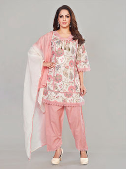 Amchoor - Peach Pure Jute Floral Print Kurta with Pant & Dupatta (Set of 3)