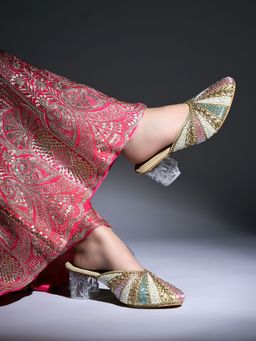 HVNLY by Shoetopia - Meher Hand-Embellished Mules with Crystal Block Mules Heels