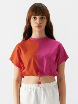The Souled Store - Colourblock: Blazing Orange, Hot Pink Women Cropped Top