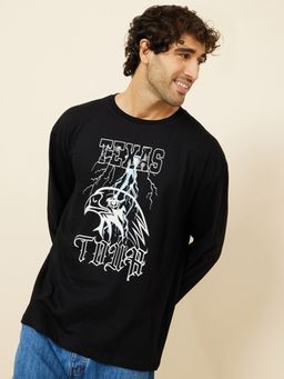 Styli - Black Long Sleeves Graphic Print Oversized T-Shirt
