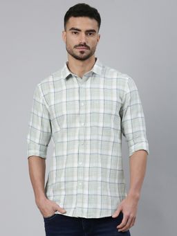 Classic Polo - Men Light Green Neck Slim Fit Checked Cotton Casual Shirt