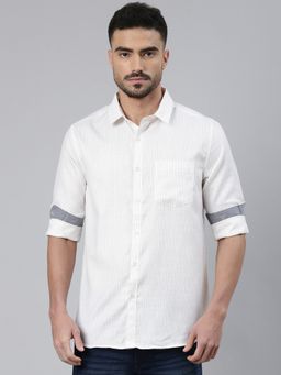 Classic Polo - Men Grey Neck Slim Fit Striped Cotton Casual Shirt