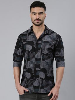 Classic Polo - Men Grey Neck Slim Fit All-Over Print Cotton Casual Shirt