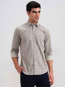 JadeBlue - Brown Pure Cotton Geometric Casual Shirt