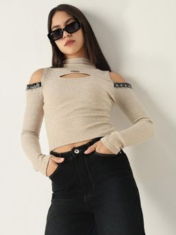 SHOWOFF - Women Solid Beige Fitted Top