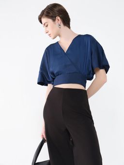 SHOWOFFFF - Women Solid Navy Blue Blouson Top