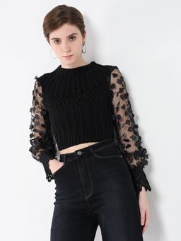 SHOWOFF - Women Textured Black Fitted Top