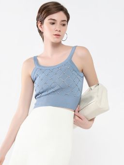 SHOWOFF - Women Embellished Blue Tank Top