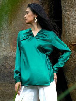 PINACOLADA - Women Emerald Green Satin Wrap Top