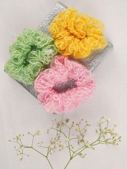 Laida - Pink , Green & Yellow Organza Material Scrunchies (Pack of 3)