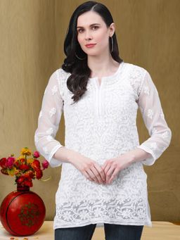 ADA - Hand Embroidered White Georgette Lucknow Chikankari kurti & slip (A211586)
