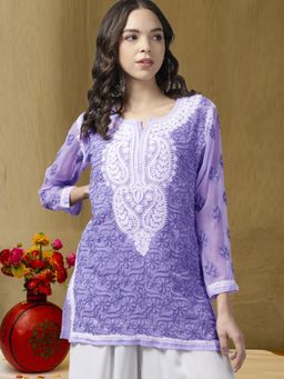ADA - ethnic Handmade embroidery Mauve Georgette Lucknow Chikan Kurti & Slip (Set of 2) A211683