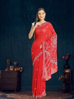 ADA - Hand Embroidered Red Georgette Lucknow Chikankari Saree with Unstitched Blouse [A138793]