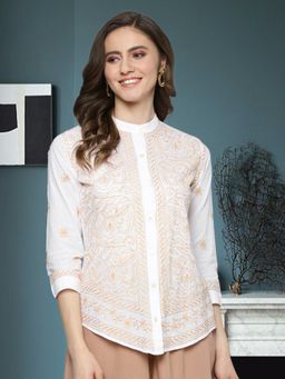 ADA - Hand Embroidered Fawn Thread White Cotton Lucknowi Chikankari Shirt [A911251]