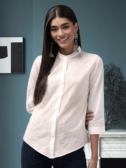 ADA - Hand Embroidered Peach Thread White Cotton Lucknowi Chikankari Shirt [A911250]