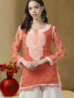 ADA - Hand Embroidered Rust Georgette Lucknow Women Chikankari Kurti With Slip (Set of 2)