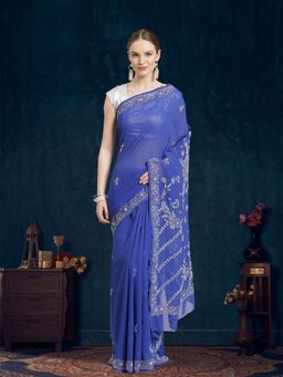 ADA - Hand Embroidered Royal Blue Georgette Lucknow Chikan Saree- A311256 (A311256)