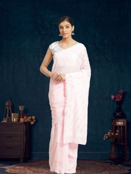 ADA - Embroidered Pink Georgette Lucknow Chikan Saree- A159308 (A159308)
