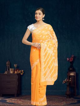 ADA - Embroidered Yellow Georgette Lucknow Chikan Saree- A183596 (A183596)