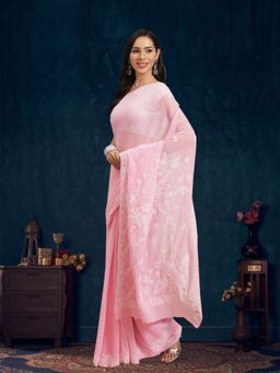ADA - Hand Embroidered Pink Georgette Lucknow Chikan Saree With Unstitched Blouse (A129583)