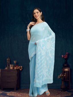ADA - Hand Embroidered Blue Georgette Lucknow Chikan Saree With Unstitched Blouse (A130232)